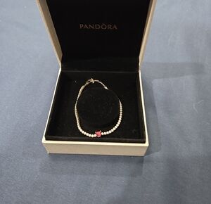 Pandora Silver Bracelet with Pink Heart Center Stone and Clear Accents
